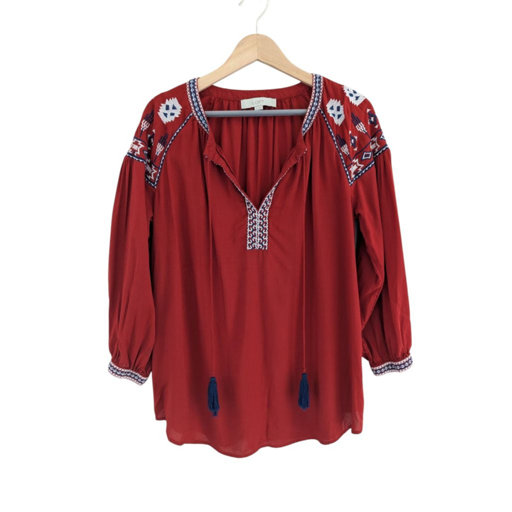 Loft Embroidered Boho Beachy Flowy Blouse Top Women's Size S